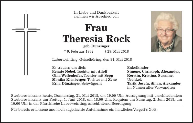 Traueranzeige Theresia Rock