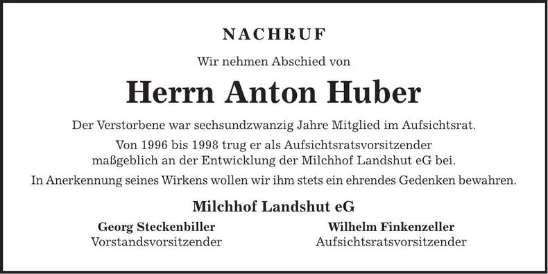 Traueranzeige Anton Huber