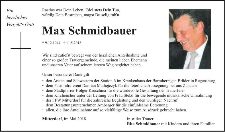 Traueranzeige Max Schmidbauer