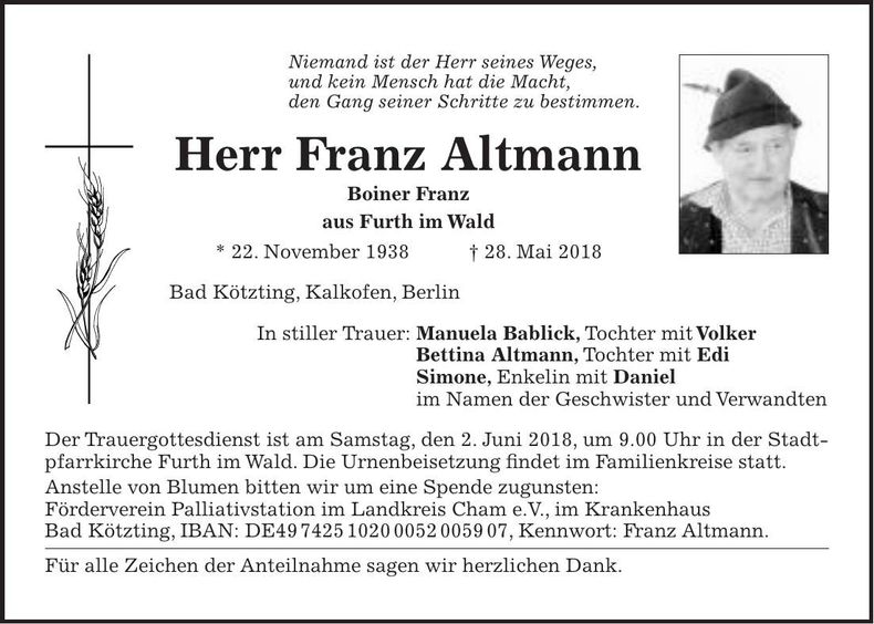 Traueranzeige Franz Altmann