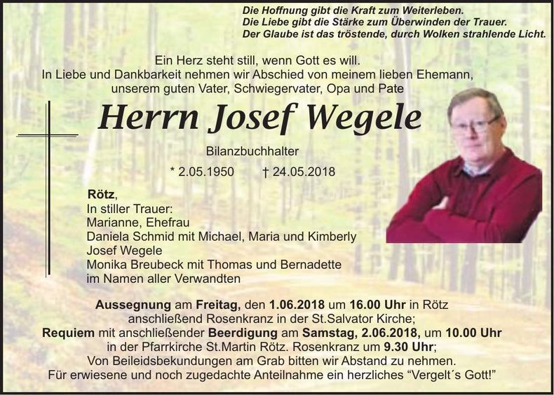 Traueranzeige Josef Wegele