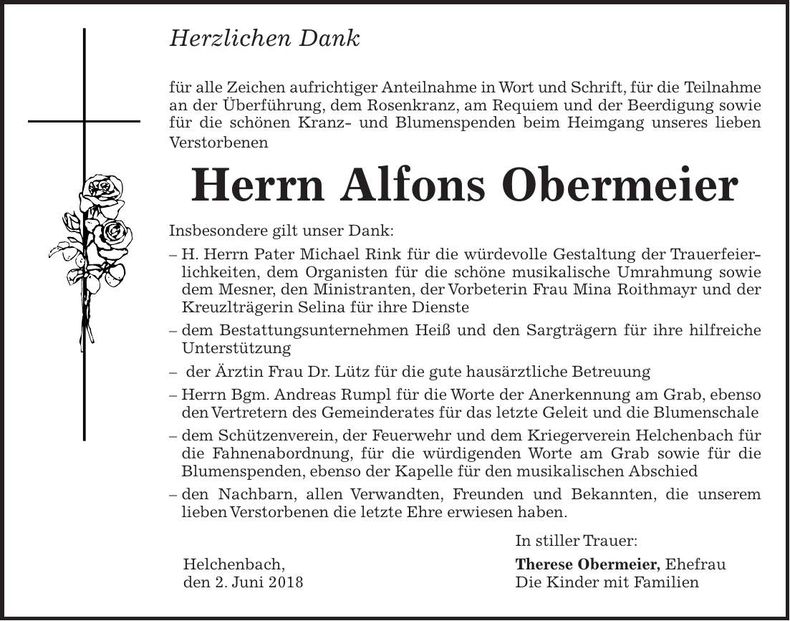 Traueranzeige Alfons Obermeier