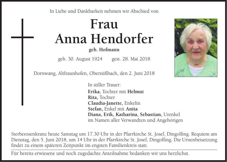 Traueranzeige Anna Hendorfer