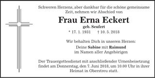 Traueranzeige Erna Eckert