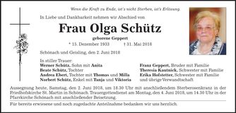 Traueranzeige Olga Schütz