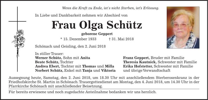 Traueranzeige Olga Schütz