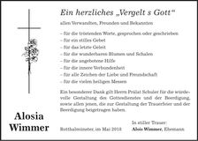 Traueranzeige Aloisia Wimmer