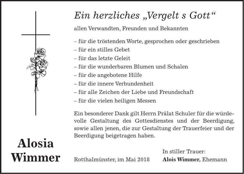 Traueranzeige Aloisia Wimmer