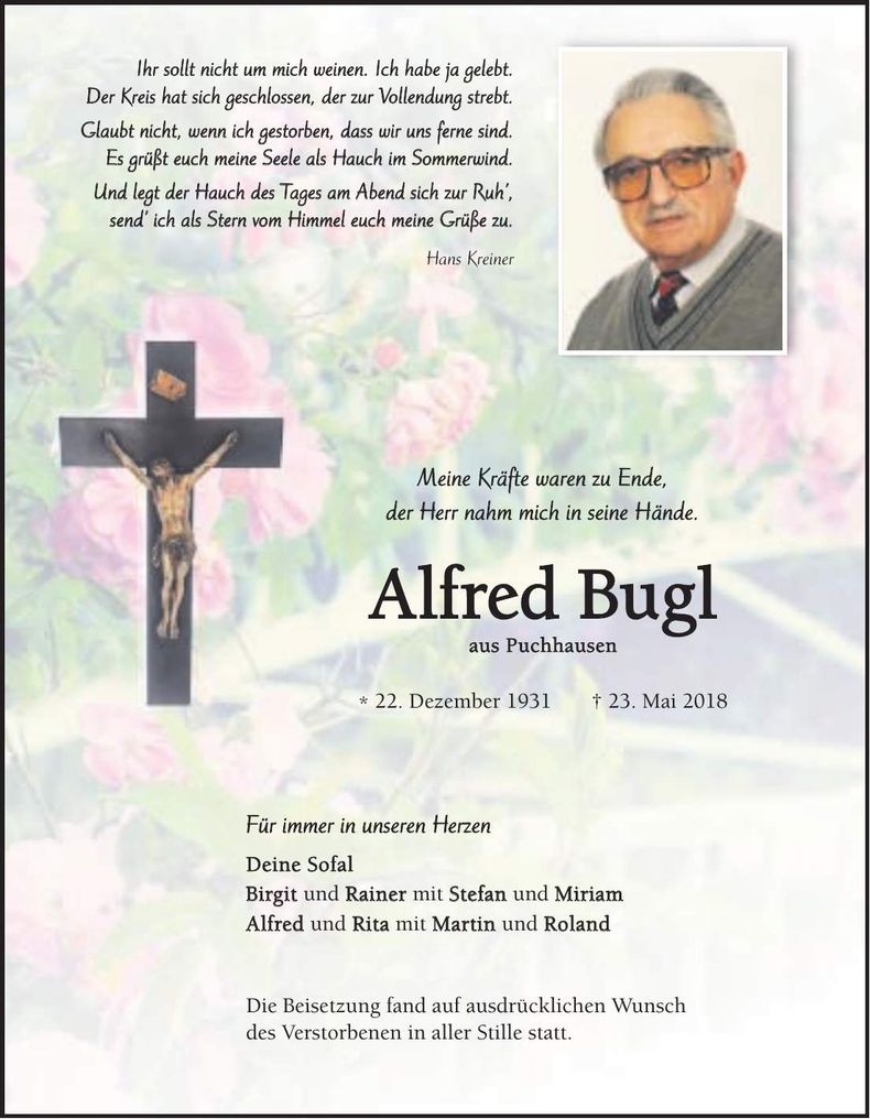 Traueranzeige Alfred Bugl