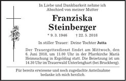 Traueranzeige Franziska Steinberger