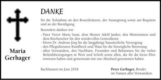 Traueranzeige Maria Gerhager