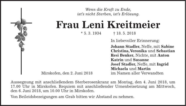Traueranzeige Leni Kreitmeier