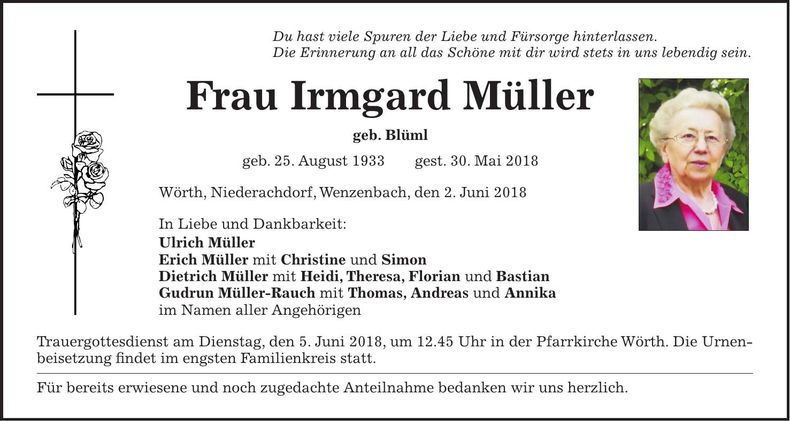 Traueranzeige Irmgard Müller