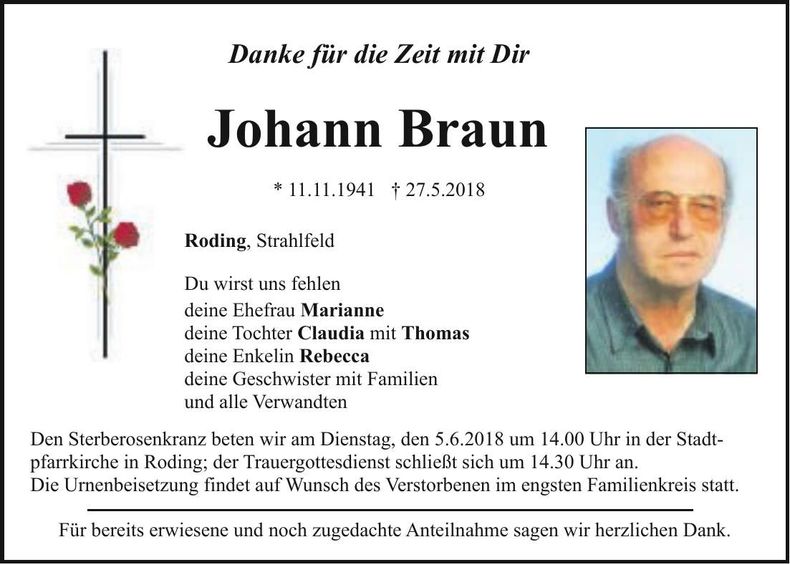 Traueranzeige Johann Braun