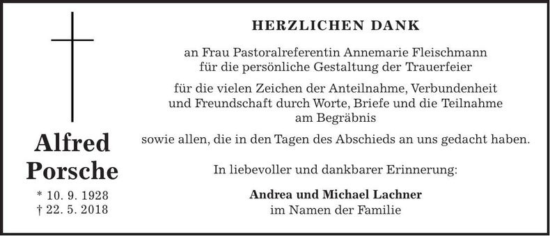 Traueranzeige Alfred Porsche