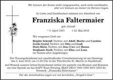 Traueranzeige Franziska Faltermaier