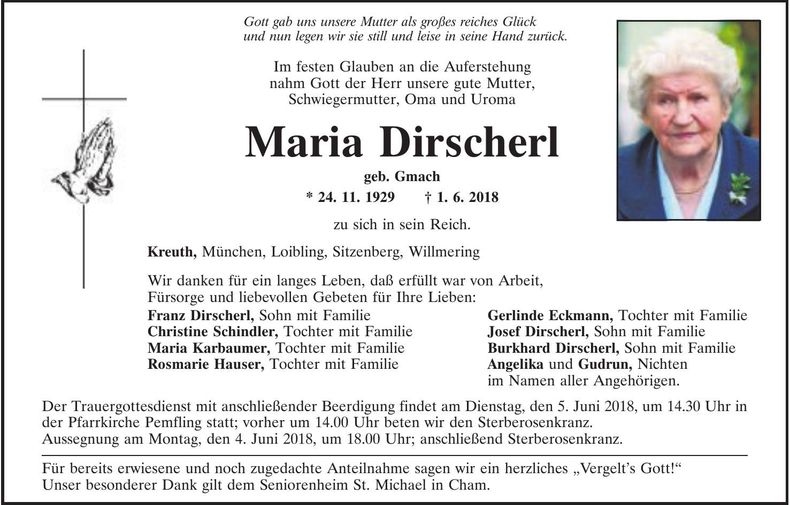 Traueranzeige Maria Dirscherl