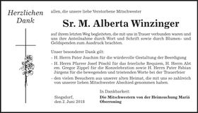 Traueranzeige Sr.M. Alberta Winzinger