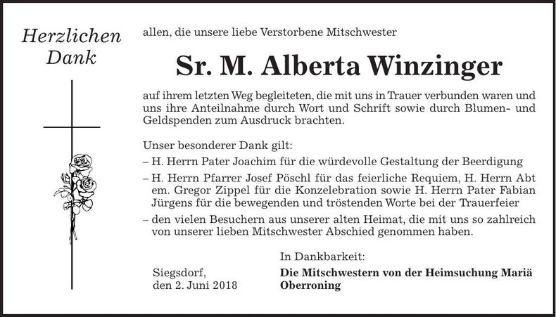 Traueranzeige Sr.M. Alberta Winzinger