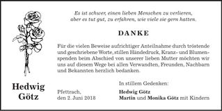 Traueranzeige Hedwig Götz
