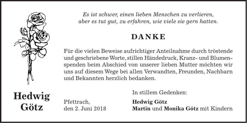 Traueranzeige Hedwig Götz