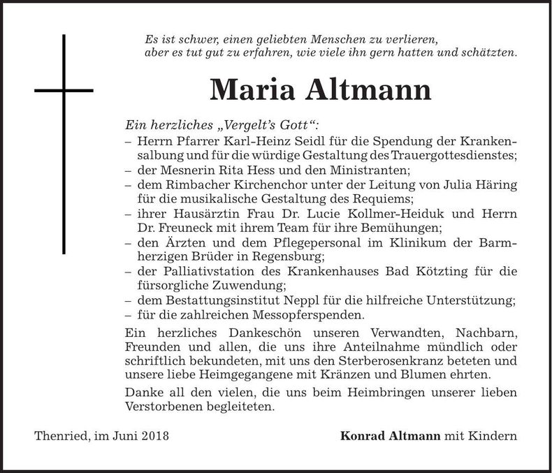 Traueranzeige Maria Altmann