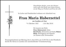 Traueranzeige Maria Haberzettel