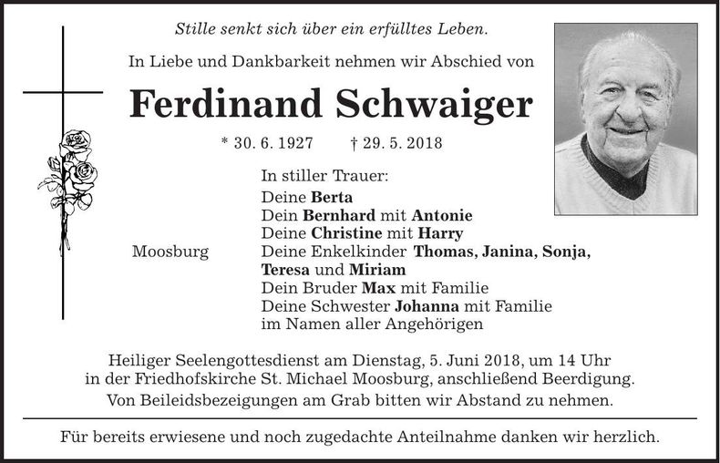 Traueranzeige Ferdinand Schwaiger