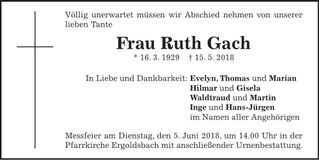 Traueranzeige Ruth Gach