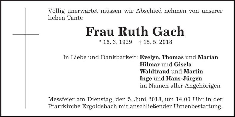 Traueranzeige Ruth Gach