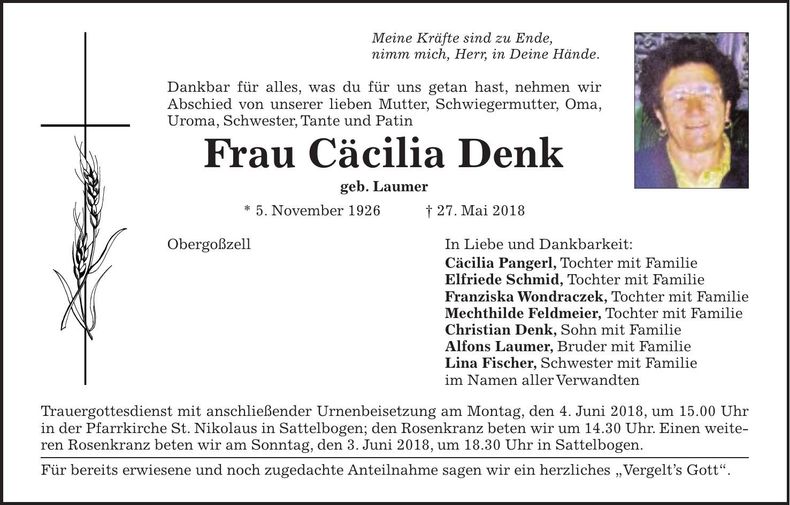 Traueranzeige Cäcilia Denk