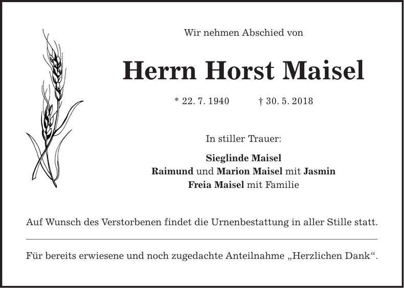 Traueranzeige Horst Maisel