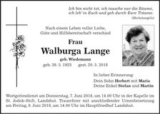 Traueranzeige Walburga Lange