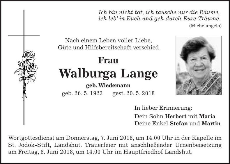 Traueranzeige Walburga Lange