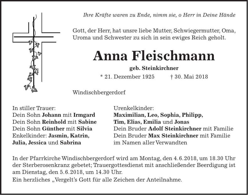 Traueranzeige Anna Fleischmann