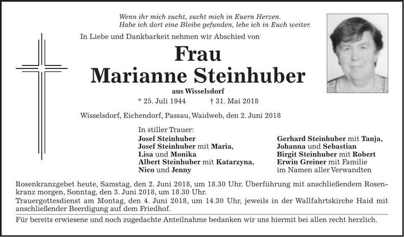 Traueranzeige Marianne Steinhuber