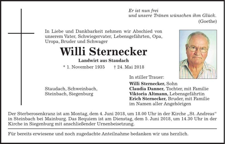 Traueranzeige Willi Sternecker