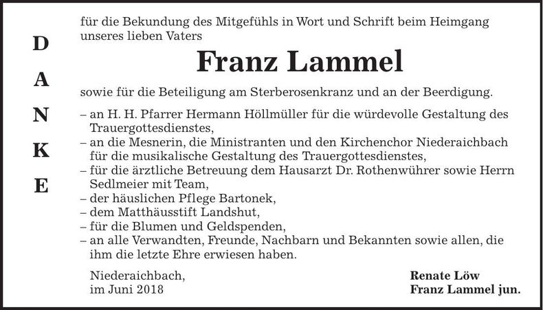 Traueranzeige Franz Lammel