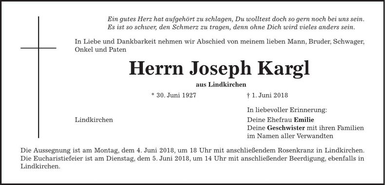 Traueranzeige Joseph Kargl
