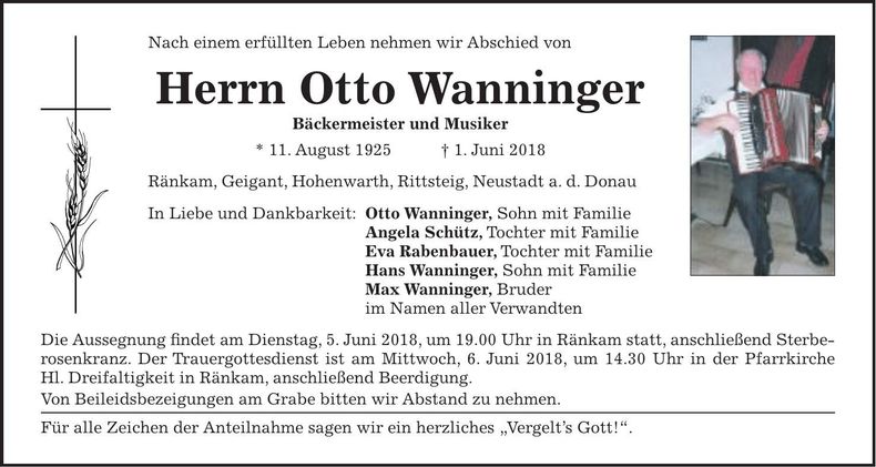 Traueranzeige Otto Wanninger