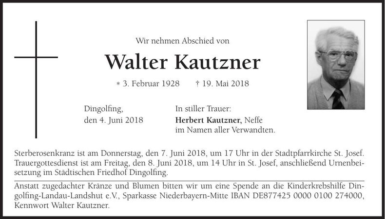 Traueranzeige Walter Kautzner
