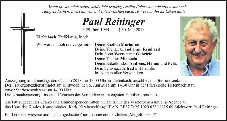 Traueranzeige Paul Reitinger