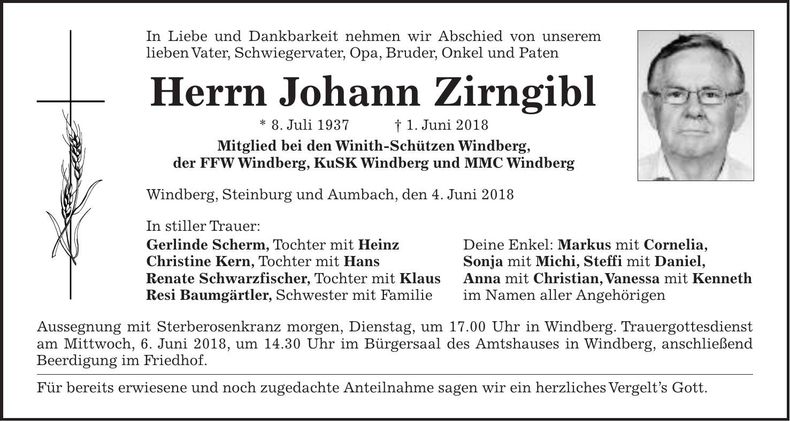 Traueranzeige Johann Zirngibl