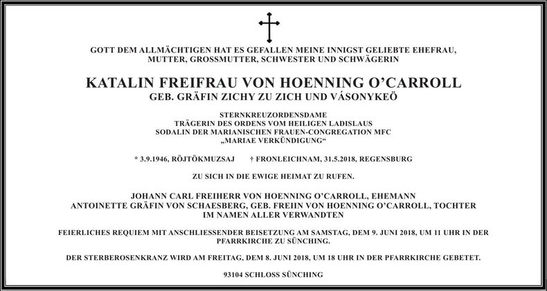 Traueranzeige Katalin Freifrau v. Hoenning O'Carroll