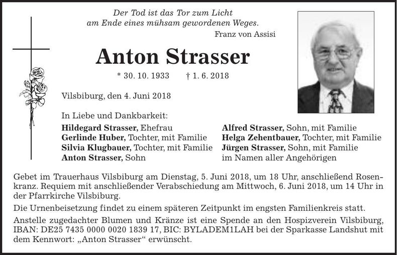 Traueranzeige Anton Strasser