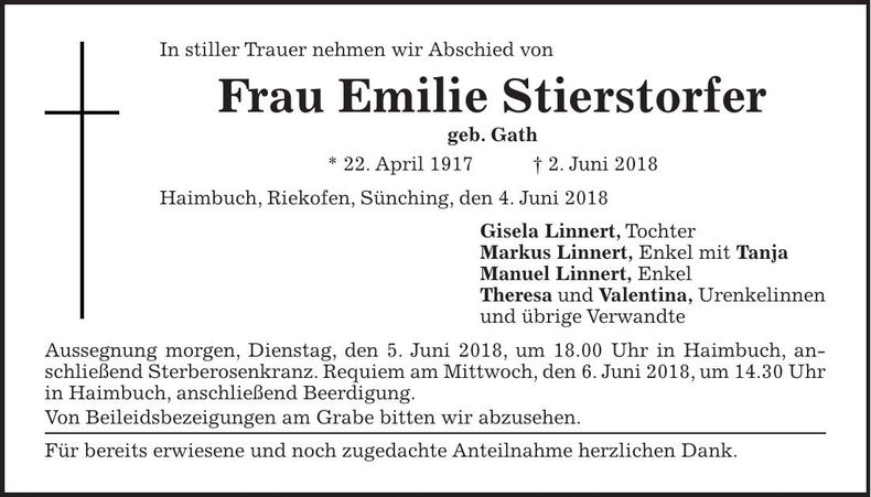 Traueranzeige Emilie Stierstorfer