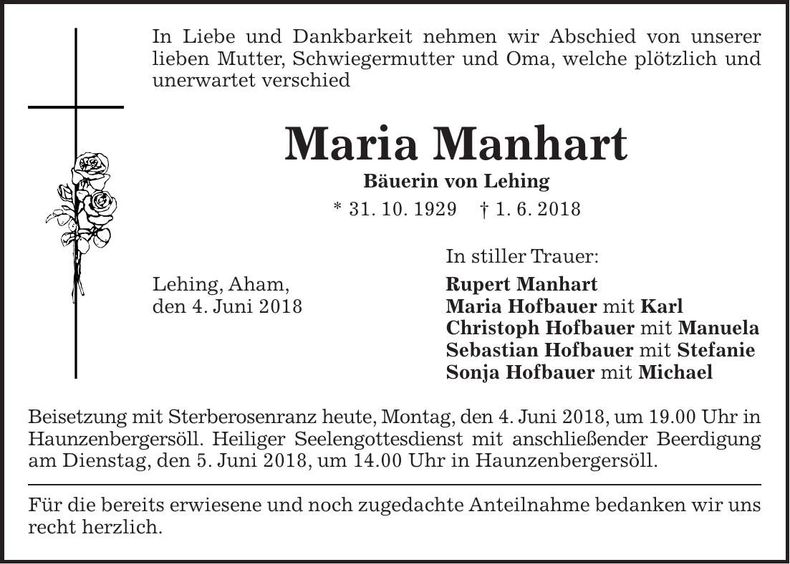 Traueranzeige Maria Manhart