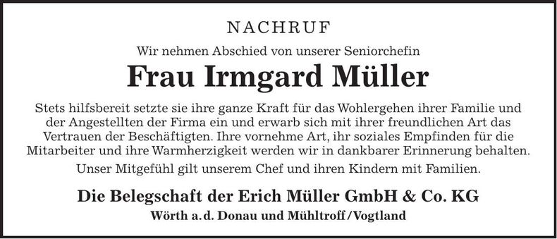 Traueranzeige Irmgard Müller