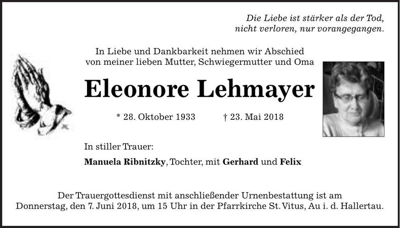 Traueranzeige Eleonore Lehmayer