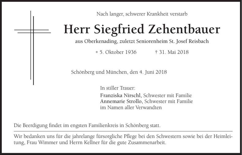 Traueranzeige Siegfried Zehentbauer